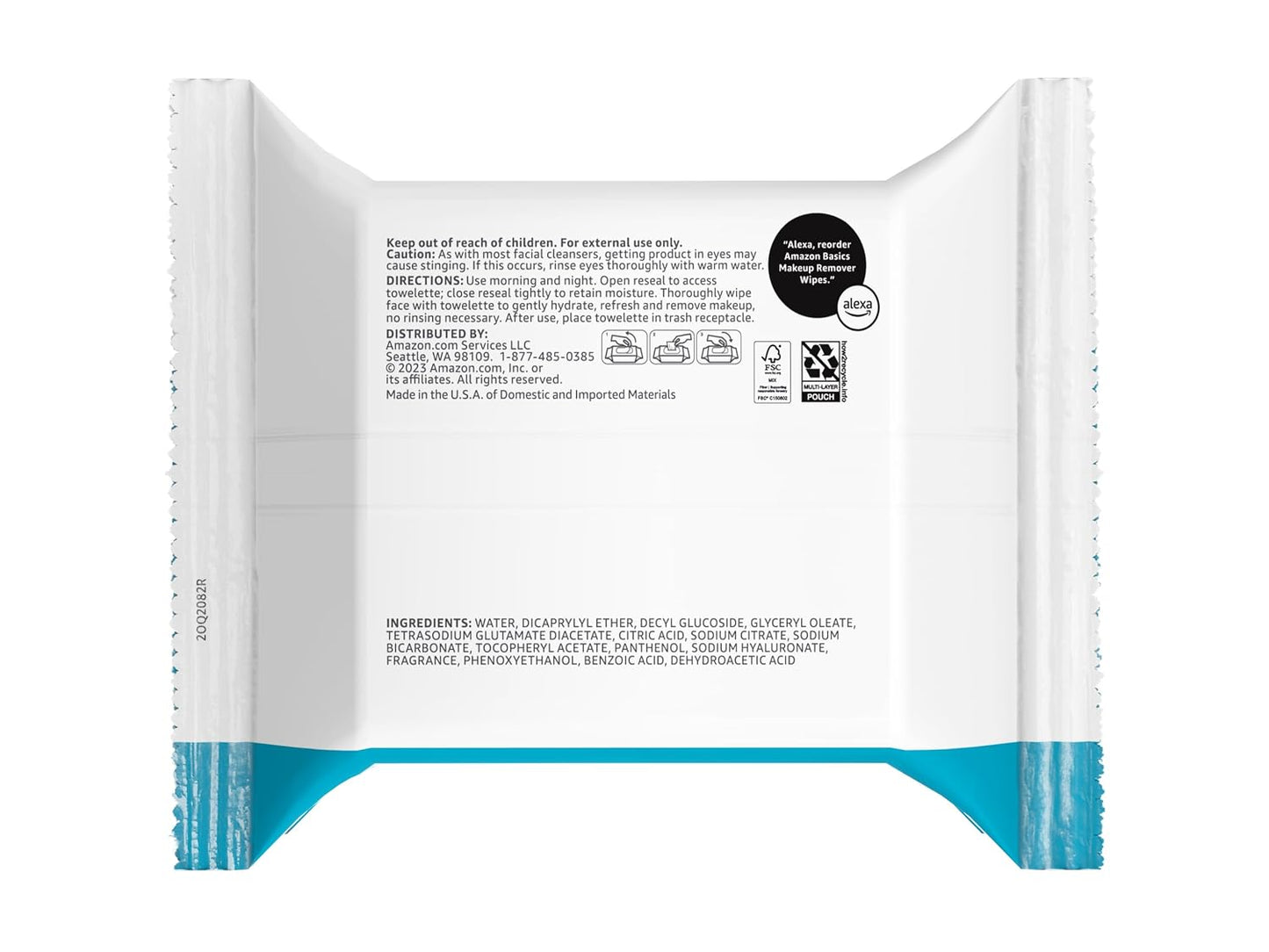 Amazon Basics Makeup Remover Wipes, Fragrance-Free, Alcohol-Free, Gentle Cleansing, Plant-Based, Dermatologist Tested, Removes Waterproof Mascara, Resealable, 25 Count, 1-Pack