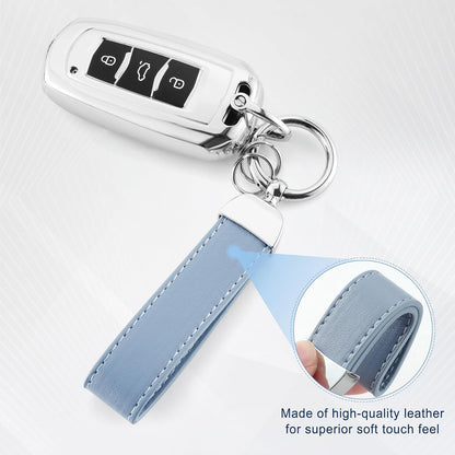JUSTTOP Leather Keychain, Carbon Fiber Car Key Chain with Anti-Lost D-Ring and 2 Key Ring, Keychain Wristlet, Car Accessories, Universal Keychain for Men and Women (Black)