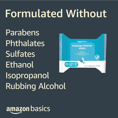 Amazon Basics Makeup Remover Wipes, Fragrance-Free, Alcohol-Free, Gentle Cleansing, Plant-Based, Dermatologist Tested, Removes Waterproof Mascara, Resealable, 25 Count, 1-Pack