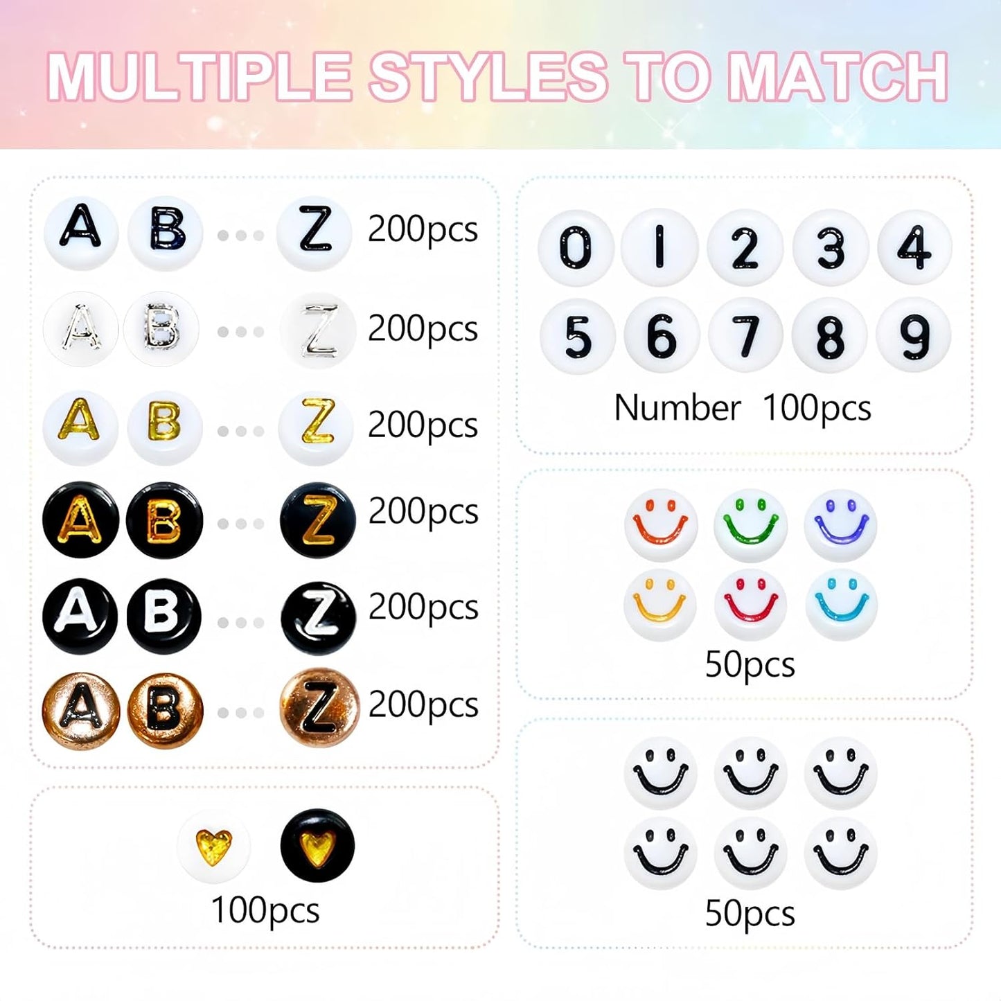 Looconi 810pcs Gold Letter Beads Square 6x6mm White Cube Acrylic Alphabet A-Z with Heart Pattern and Crystal Line for Jewelry Making