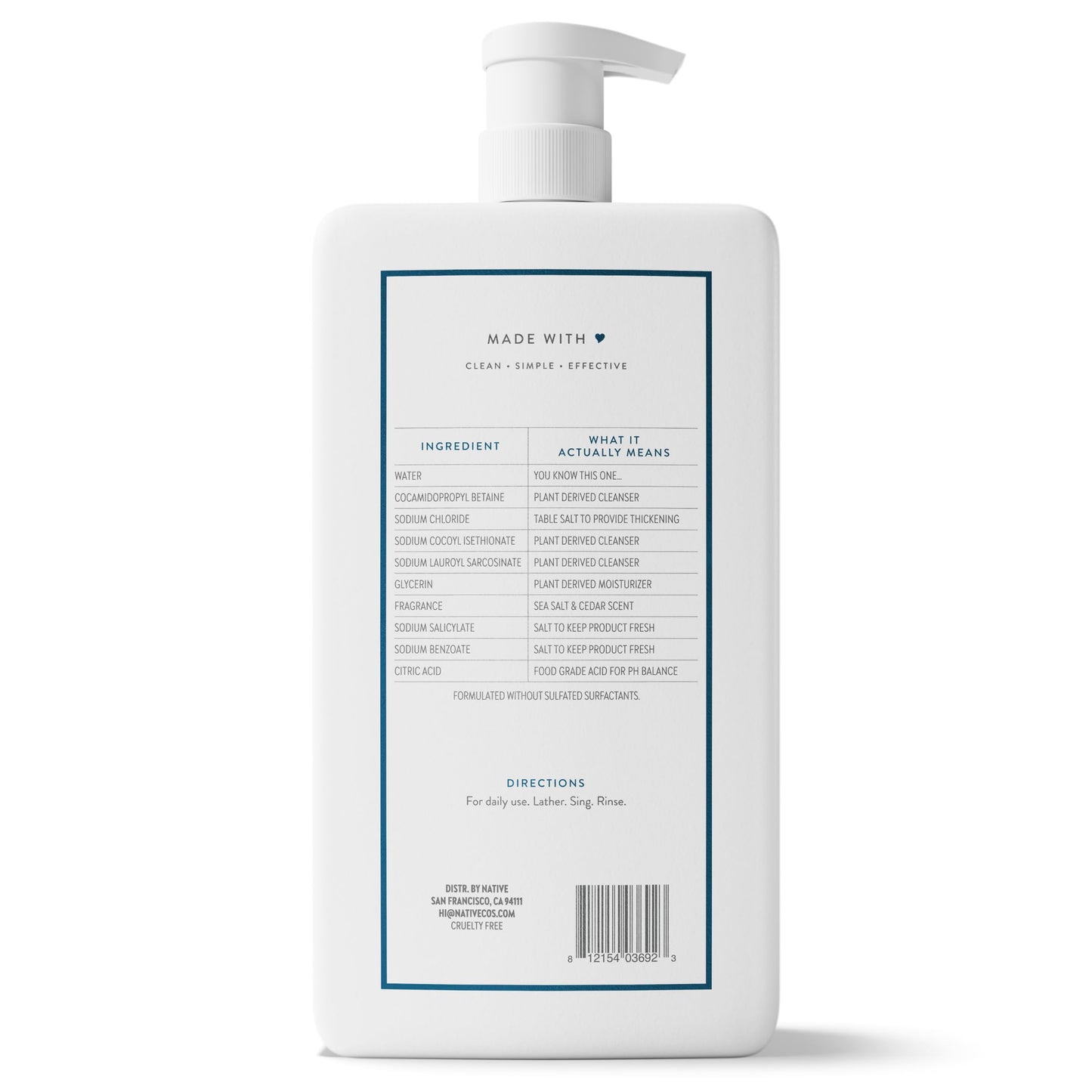 Native Clean Body Wash, Gentle & pH-balanced for Sensitive Skin, 24-Hr Freshness for Women & Men, Vegan & Cruelty-Free, Free of Sulfates, Parabens & Phthalates, Sandalwood & Shea Butter, 36 oz