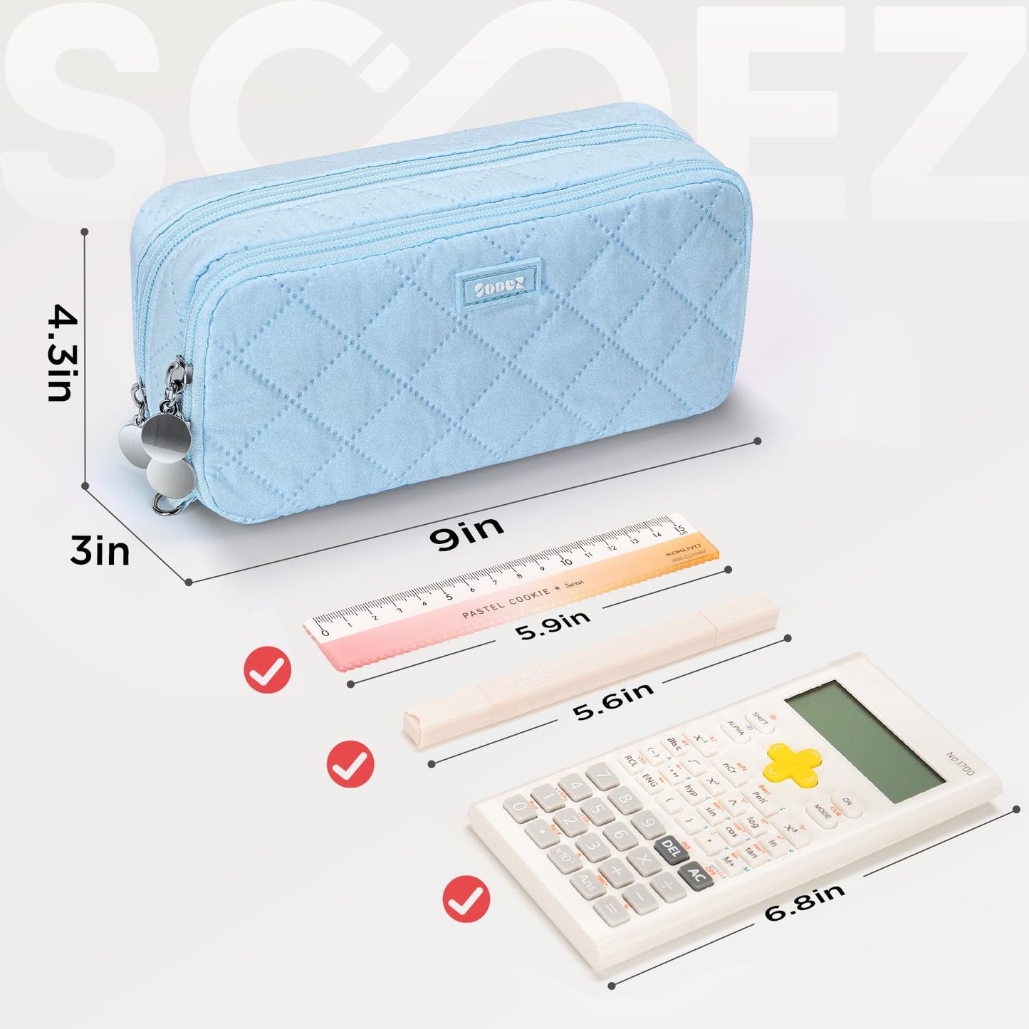 Sooez Large Pencil Case Pouch, Extra Big Pencil Bag with 8 Compartments, Pen Bag Wide Opening, Soft Quilted Pencil Pouch Organizer with Zipper, Portable Pencil Case for Teen Girls, Beige