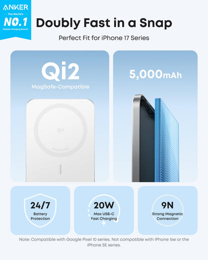 Anker Nano Magnetic Power Bank, 5,000mAh Qi2-Certified 15W Portable Charger