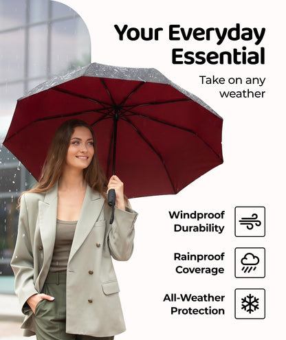 Windproof Travel Umbrella - Compact & Withstands Winds up to 100MPH, Strongest Premium Auto Folding Umbrella for Rain and Sun - Durable, Light & Portable for Women & Men, Fits Backpack & Cars