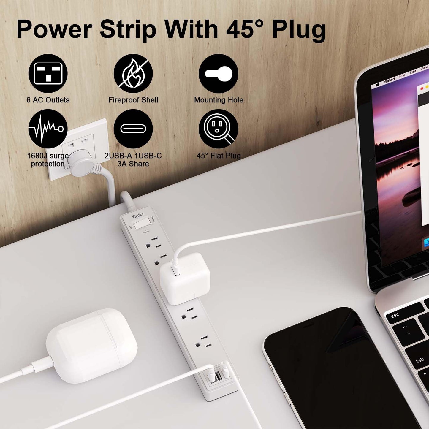 Yintar 6Ft Surge Protector Power Strip with 8 Outlets and 4 USB Ports