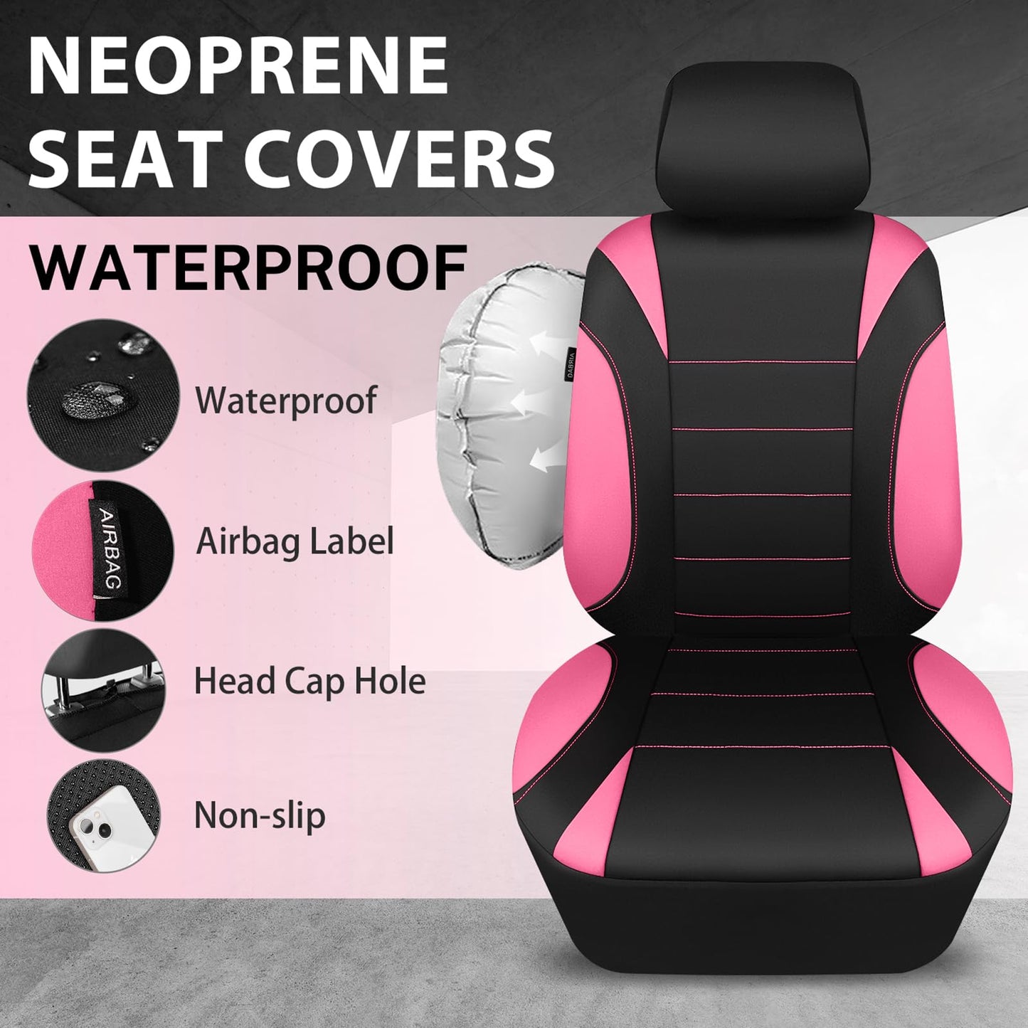 CAR PASS Waterproof Car Seat Covers Front Seats Only with 5mm Composite EVA, Neoprene Car Seat Cover with Separate Headrest Cover, Quick Setup Universal Fit for Car SUV Trucks,Airbag Compatible（Gray