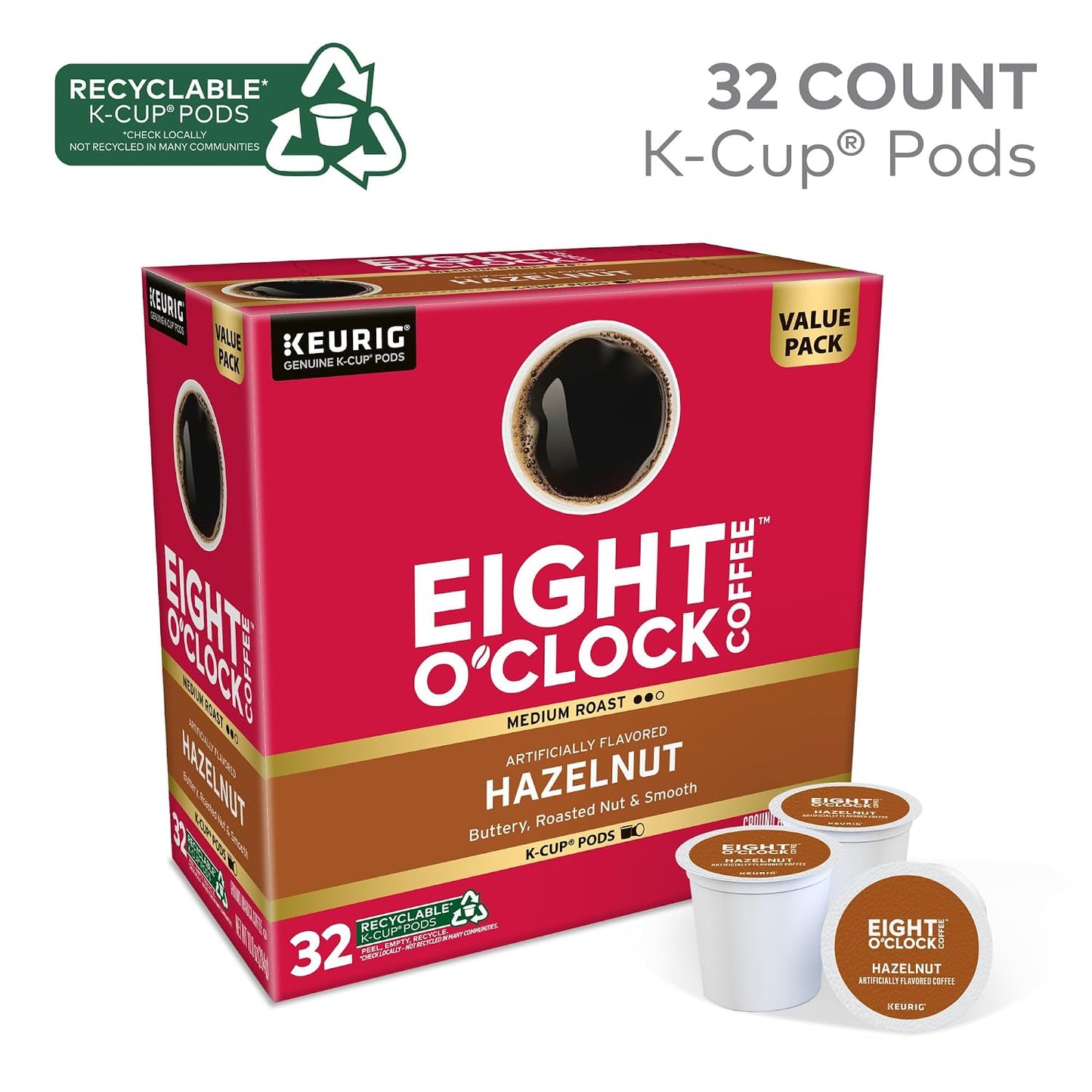 Eight O'Clock Coffee Hazelnut, Single-Serve Keurig K-Cup Pods, Flavored Medium Roast Coffee Pods, 96 Count