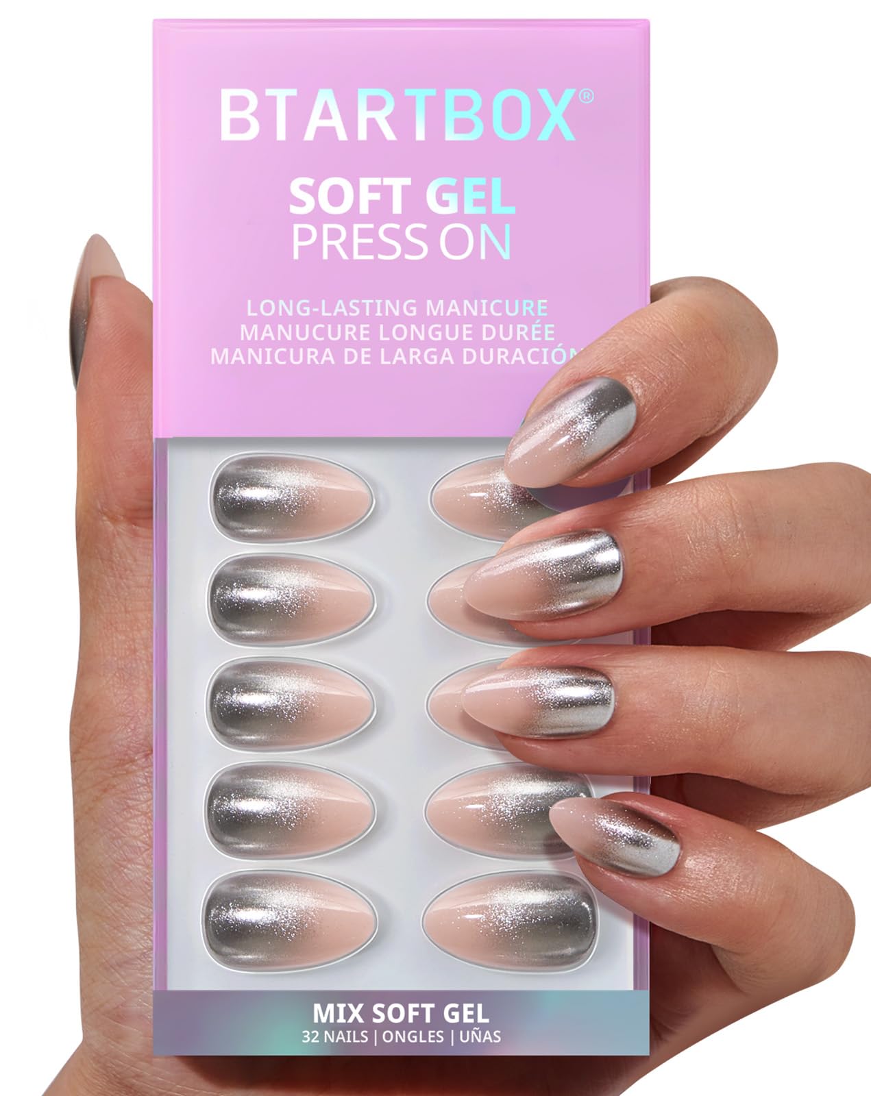 BTArtbox Press On Nails, Cream Puff, Short Almond, Ombre Off White, 32Ct
