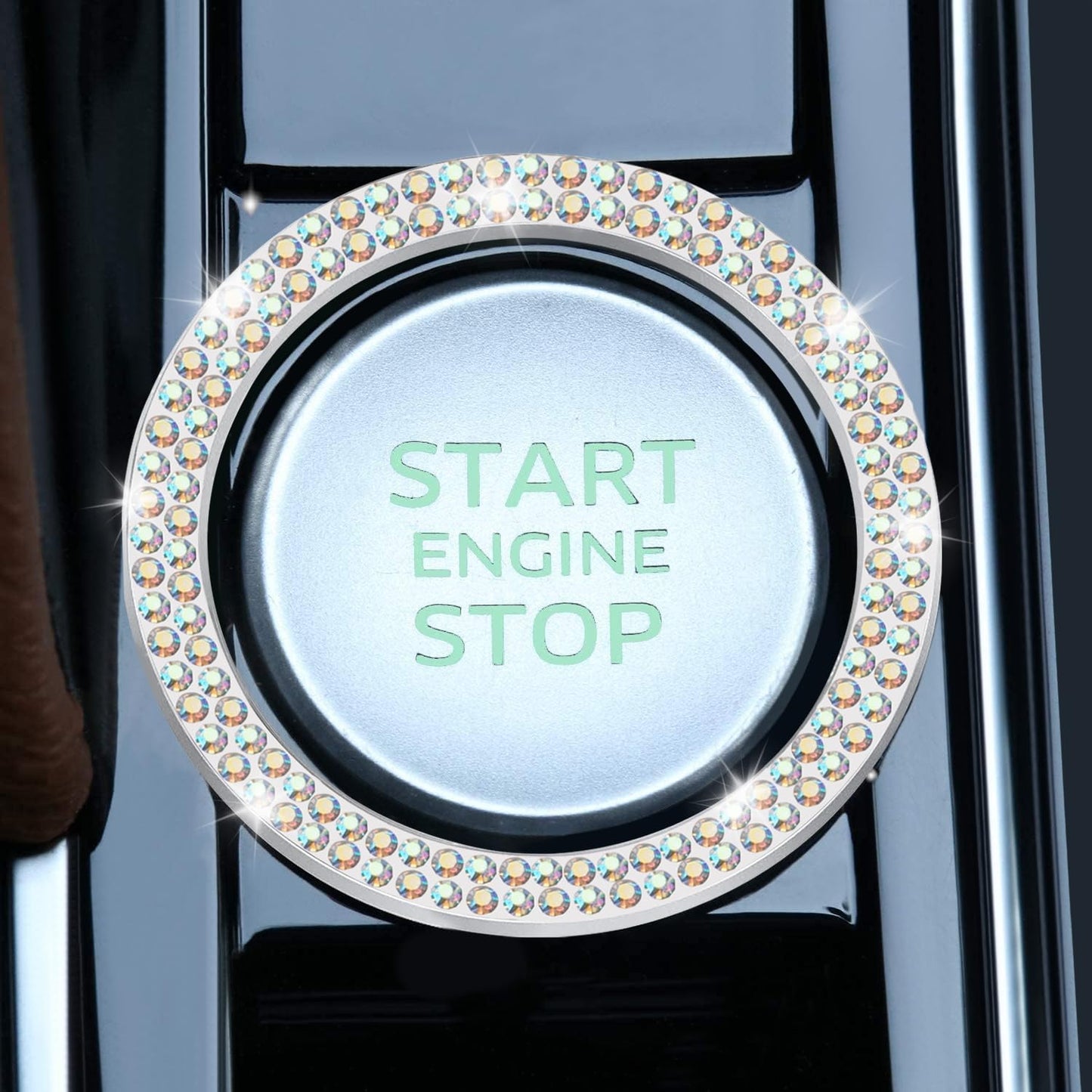LivTee 2 PCS Crystal Double Rhinestone Car Engine Start Stop Decoration Ring, Bling Car Interior Accessories for Women, Push to Start Button Cover Sticker, Automotive Decals, Light Green