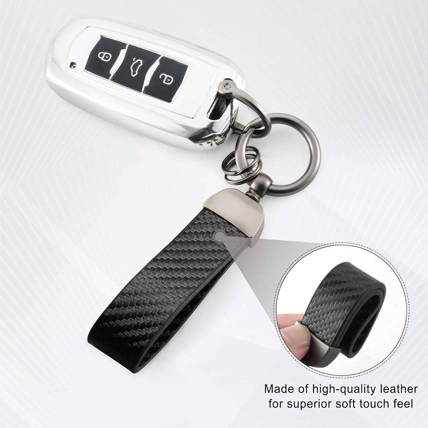 JUSTTOP Leather Keychain, Carbon Fiber Car Key Chain with Anti-Lost D-Ring and 2 Key Ring, Keychain Wristlet, Car Accessories, Universal Keychain for Men and Women (Black)