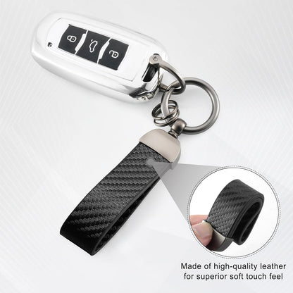 JUSTTOP Leather Keychain, Carbon Fiber Car Key Chain with Anti-Lost D-Ring and 2 Key Ring, Keychain Wristlet, Car Accessories, Universal Keychain for Men and Women (Black)