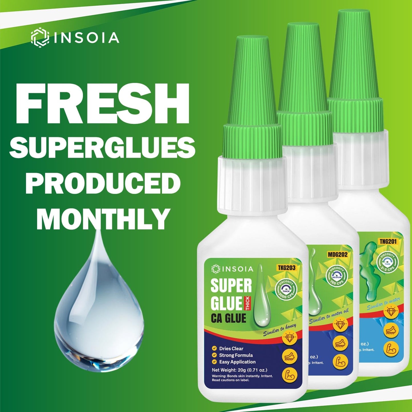 INSOIA Super Medium CA Glue, 20g, Strong Bond, with Precision Tips