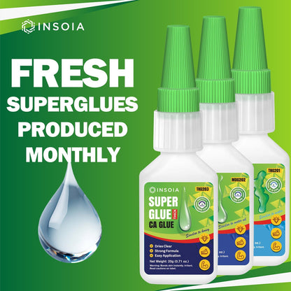 INSOIA Super Medium CA Glue, 20g, Strong Bond, with Precision Tips