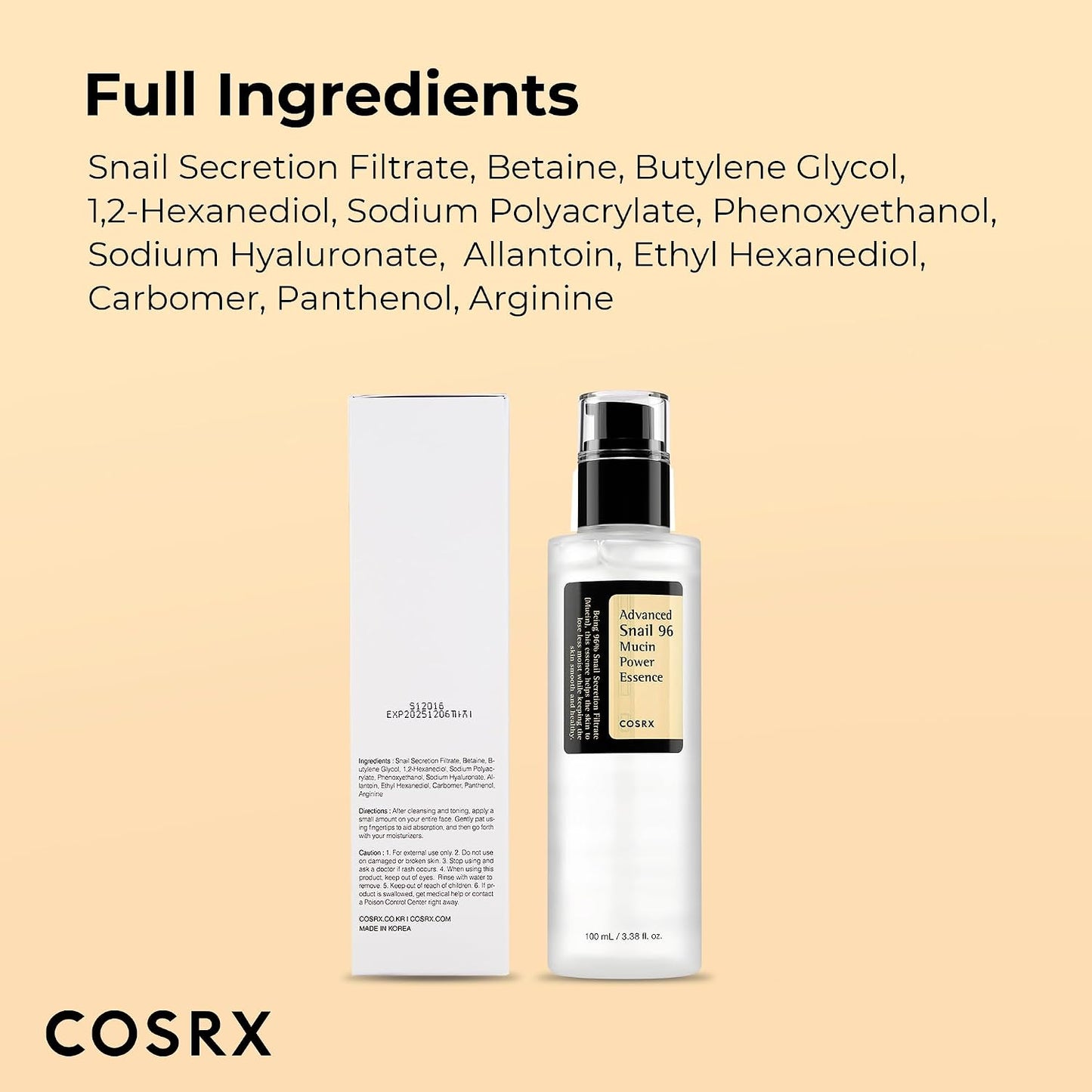 COSRX Snail Mucin 96% Repairing Serum for Sooothing & Hydrating 3.38 oz.