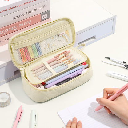 SUNEE Cute Pencil Case, Soft Corduroy Large Capacity Pencil Pouch, Aesthetic Zipper Pencil Bag, Big Storage Pen Organizer for Stationery, Pencil Box Back to School Supplies for Teen Girls Boys, Beige