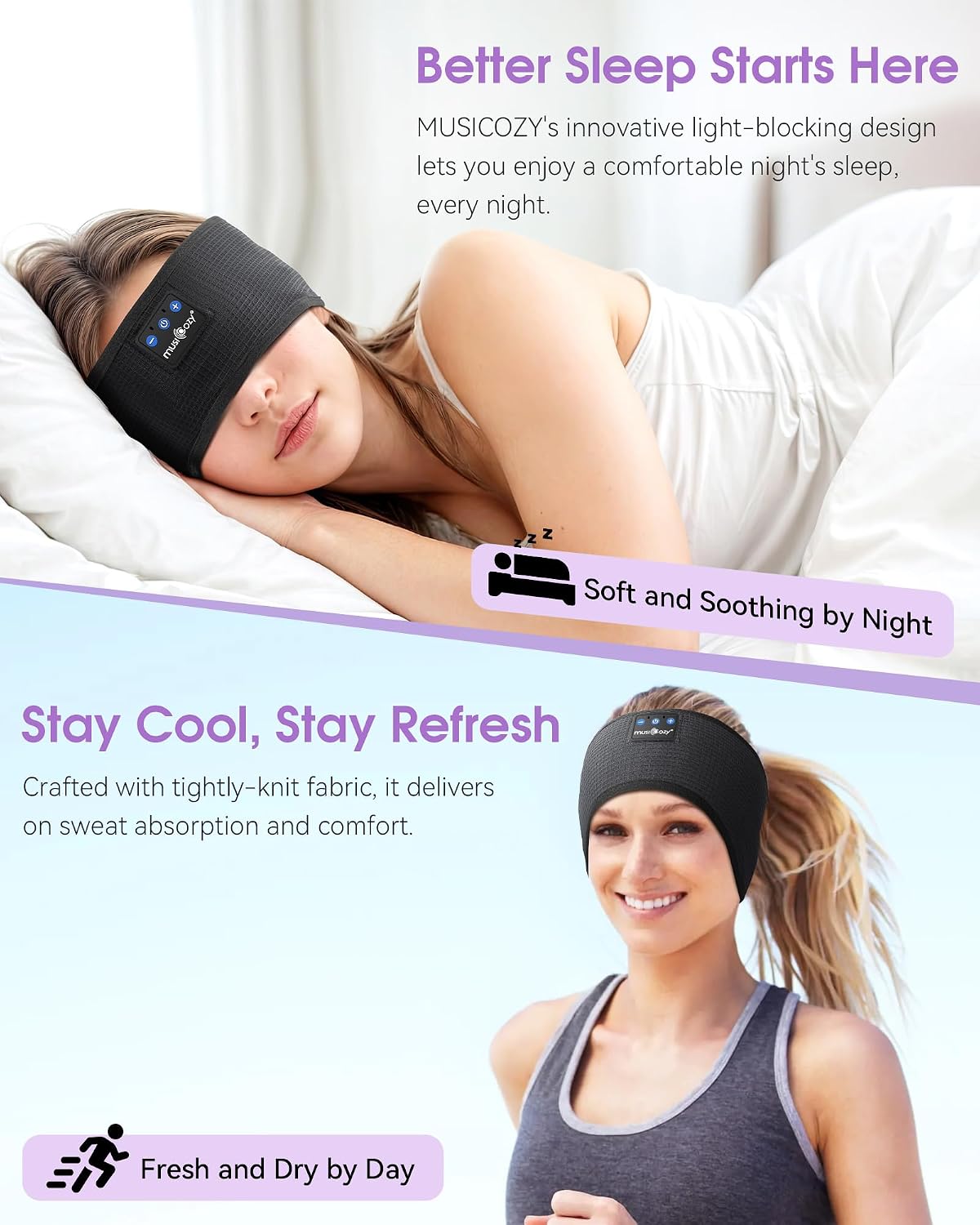 MUSICOZY Sleep Headphones Bluetooth Headband Headphones for Side Sleepers