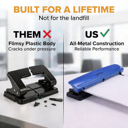 Bostitch Office Premium 3 Hole Punch, 12 Sheet Capacity, Metal, Rubber Base, Easy-Clean Tray, Silver