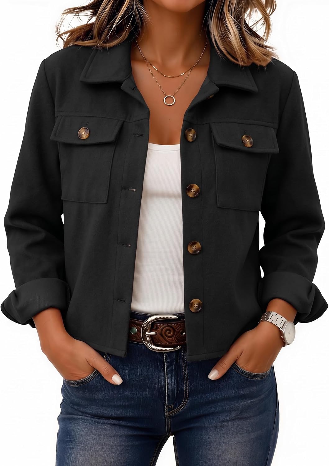 Zeagoo Flannels for Women Cropped Shacket Jacket Fashion Plaid Fall Coat