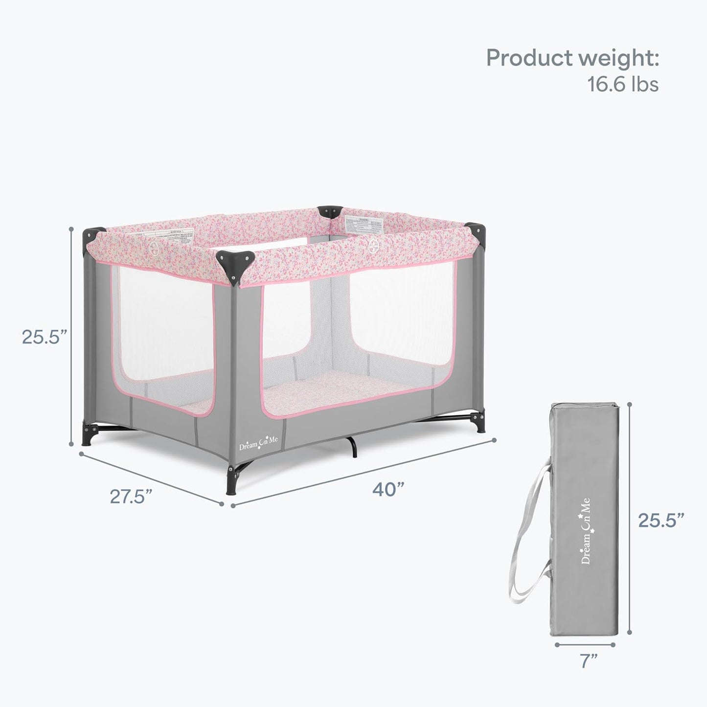 Dream On Me Zodiak Portable Playard, Compact for Travel, Carry Bag, Gray & Pink