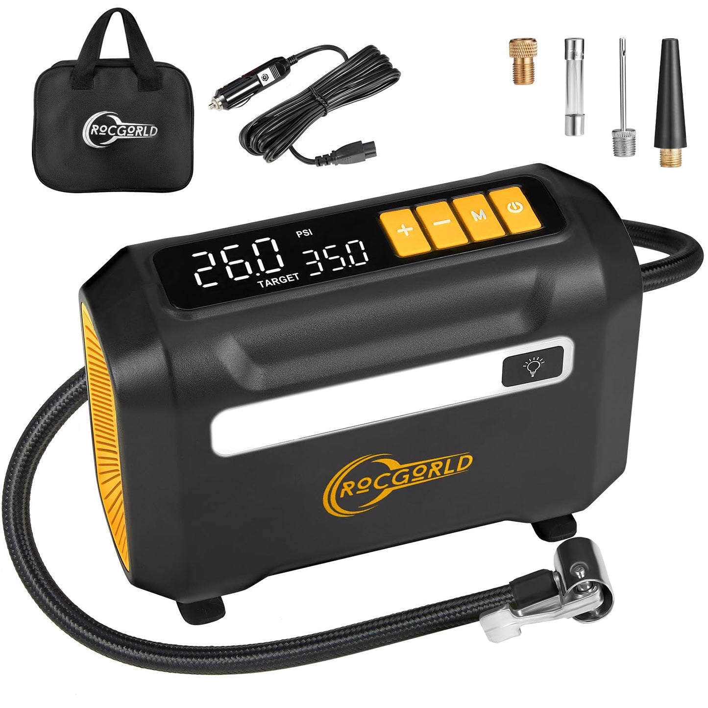 ROCGORLD R8 Tire Inflator Portable Air Compressor, DC 12V Air Compressor Portable with Large Dual Digital Screen, 3X Faster Inflation Air Pump for Car, Bike, Ball, Motor