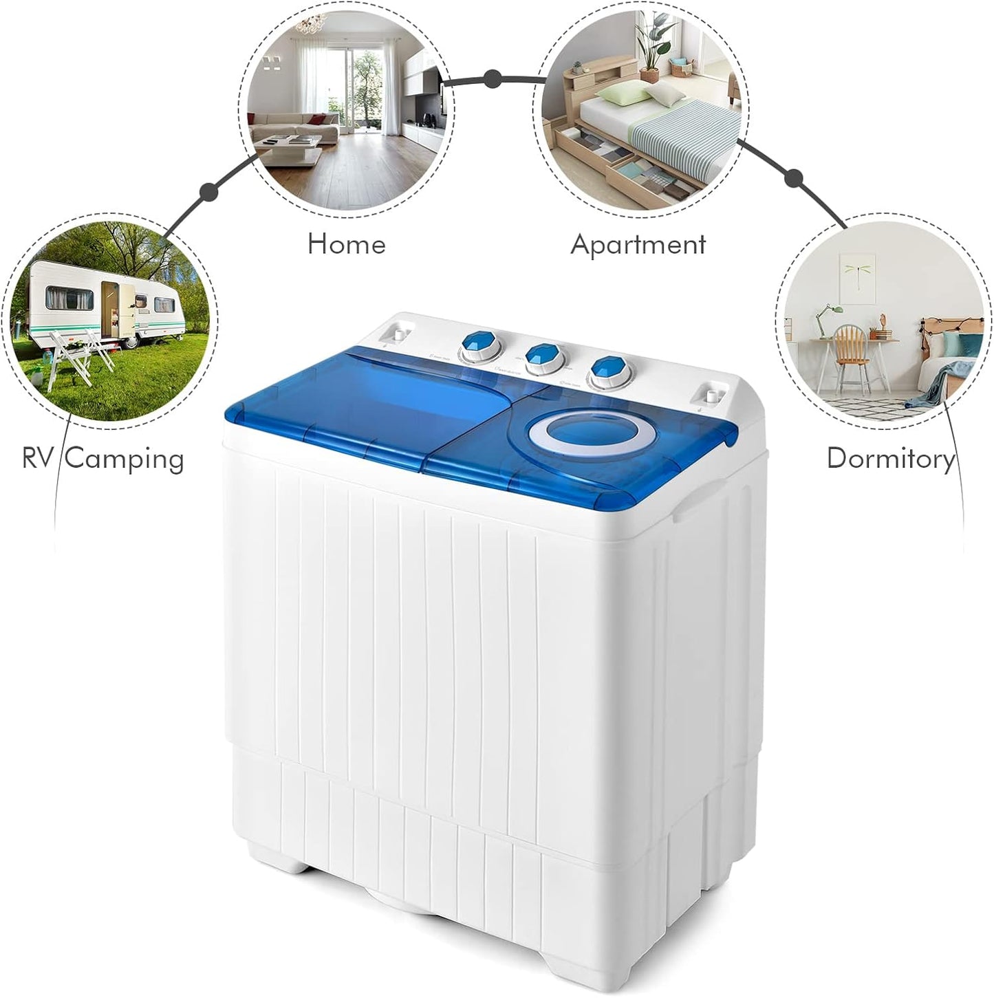 COSTWAY Portable Washing Machine, Twin Tub 26lbs Capacity Laundry Washer, 18lbs Washer and 8lbs Spinner Combo with Timer Knobs, Built-in Drain Pump, Compact Washer for Home Dorm Apartment, Blue+White