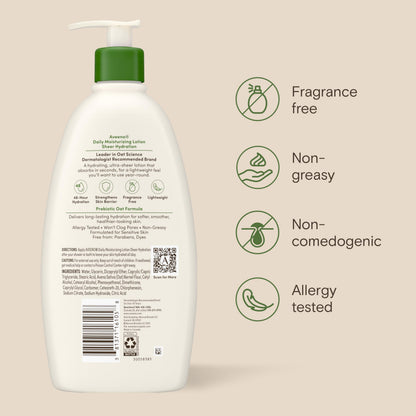Aveeno Daily Moisturizing Body Lotion for Normal to Dry Skin, Moisturizer with Soothing Prebiotic Oat, Non Greasy, Non Comedogenic, Fragrance Free Body Lotion for Women & Men, 18 Fl Oz