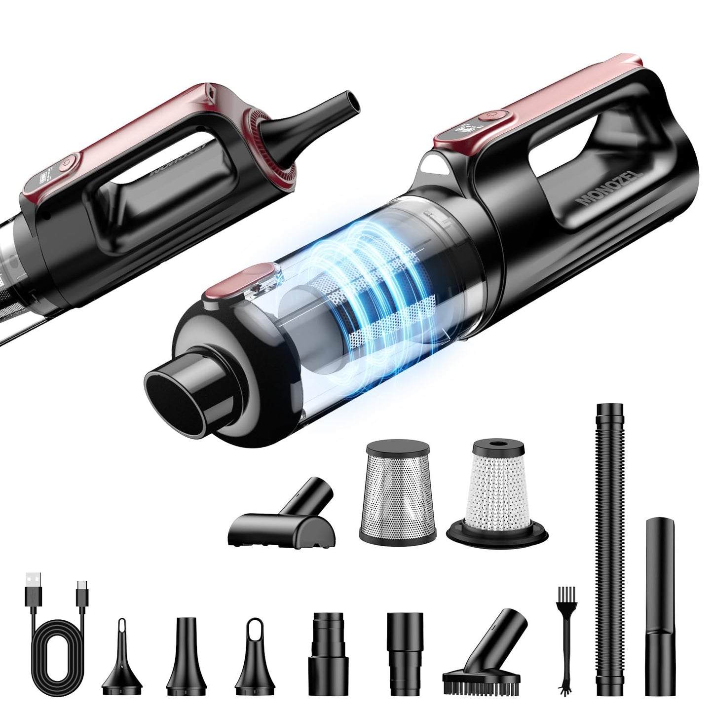 MONOZEL Car Vacuum Portable Cordless, 18000Pa 2 in 1 Vacuum Cleaner&Air Duster, 130W Brushless Motor Handheld Vacuum Cordless with 7800mAh Battery, LED Light, Multi-Nozzles for Car, Home, Office, Pet