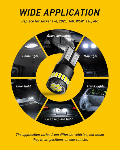 AUXITO 194 LED Bulbs for License Plate Light 168 175 2825 W5W T10 24-SMD 3014 Chipsets 6000K White for Car Dome Door Map Dash Courtesy Cargo License Plate Lights, Pack of 2