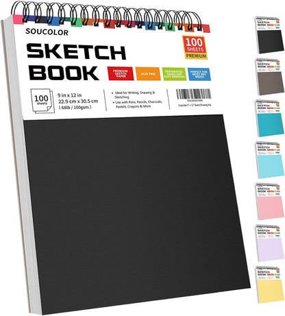 Soucolor Sketch Book 9" x 12", 100 Sheets Kids Art Sketchbook Drawing Pad