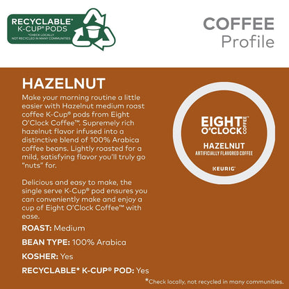 Eight O'Clock Coffee Hazelnut, Single-Serve Keurig K-Cup Pods, Flavored Medium Roast Coffee Pods, 96 Count