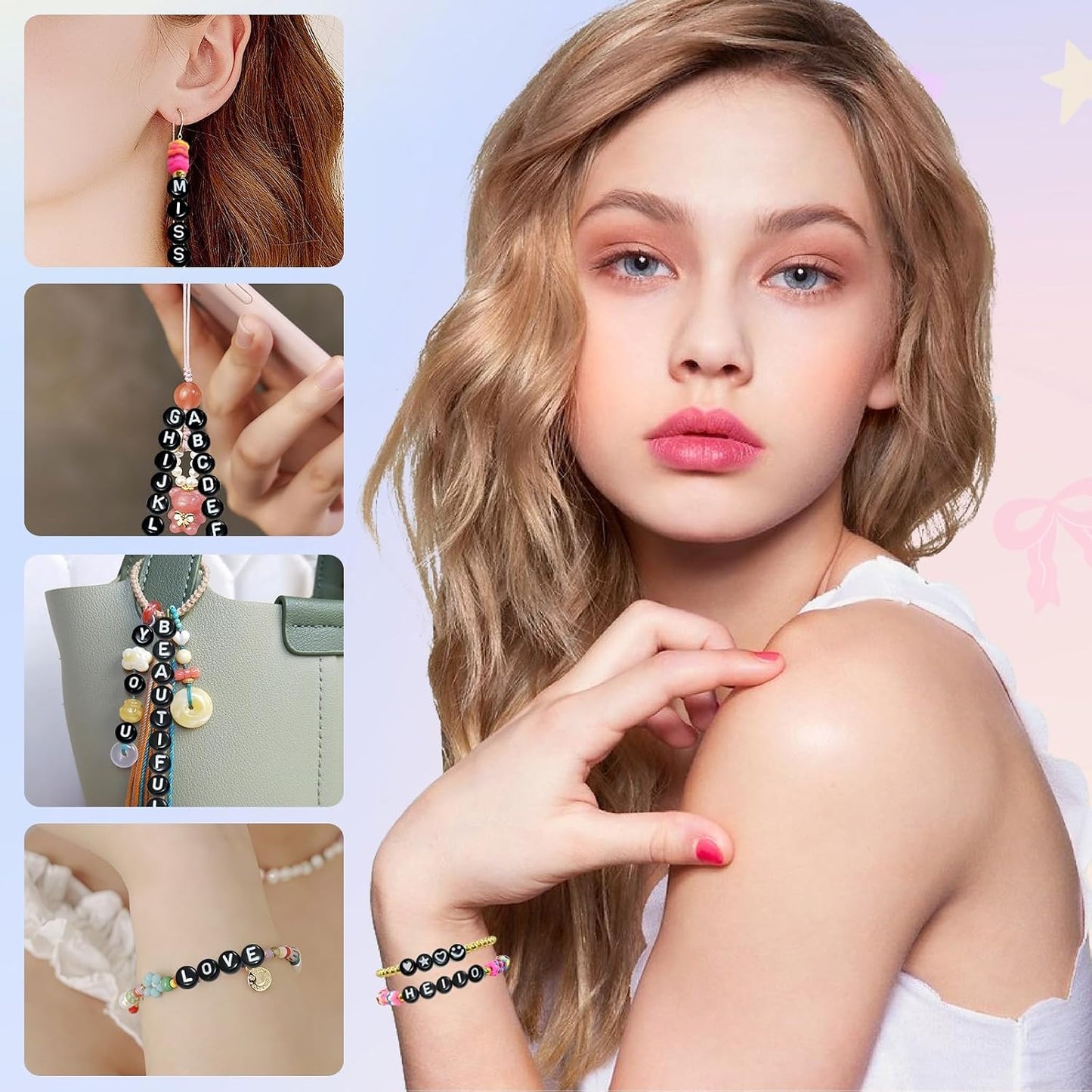 Looconi 810pcs Gold Letter Beads Square 6x6mm White Cube Acrylic Alphabet A-Z with Heart Pattern and Crystal Line for Jewelry Making