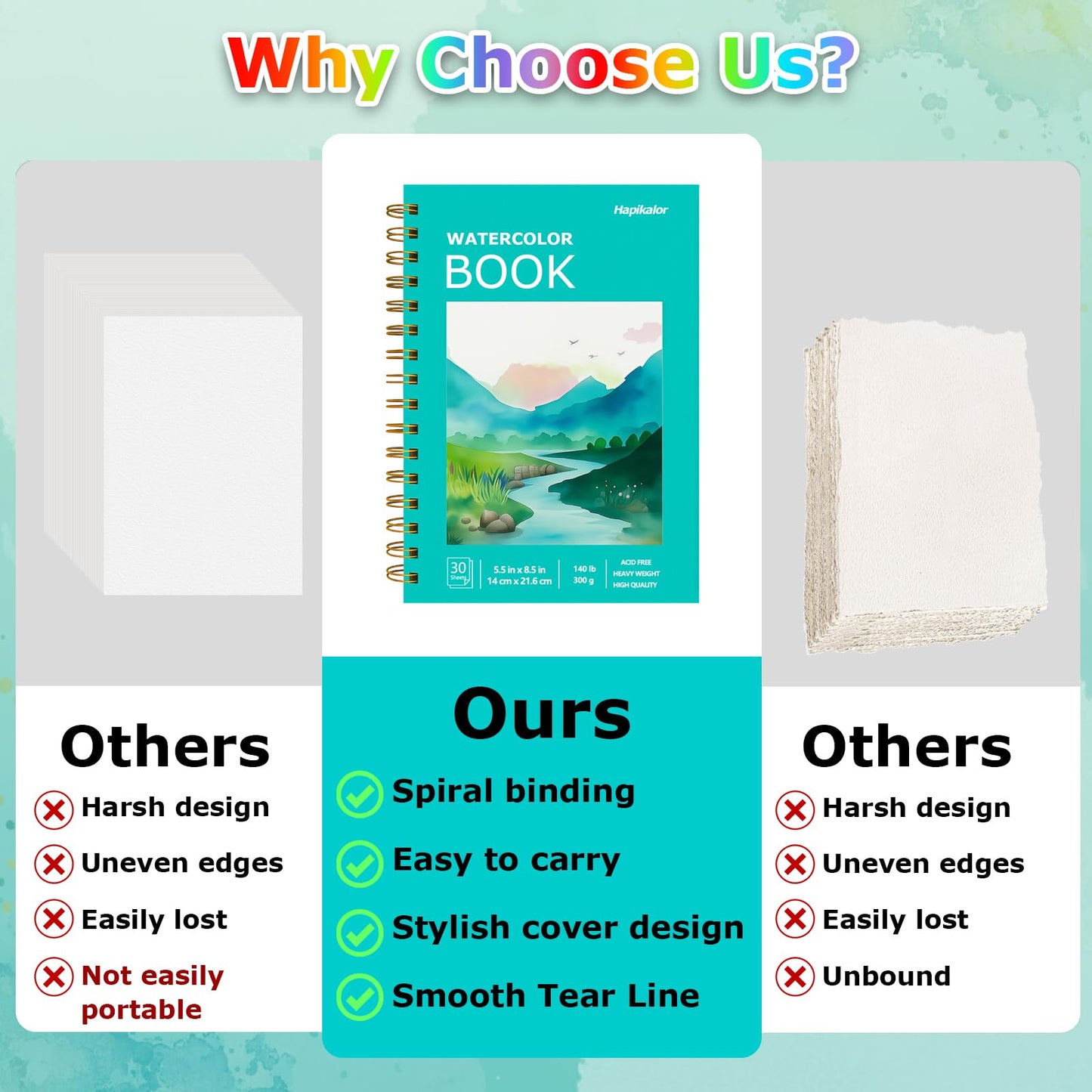 Hapikalor Watercolor Paper Pad, 9"x12" Water Color Paper, 140lb/300gsm Teal