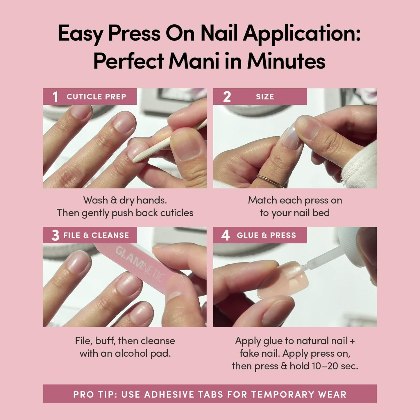 Glamnetic Press On Nails - Short Almond, Glossy Fake Nails 24 Pc Full Kit