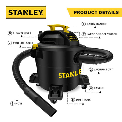 STANLEY Shop Vac SL18115P, 5 Gallon Peak 4 Horsepower Wet Dry Vacuums, Blower 3 in 1 Functions 15 Feet Cleaning Range for Garage, Carpet Clean, Shop Cleaning, Car Detailing with Attachments