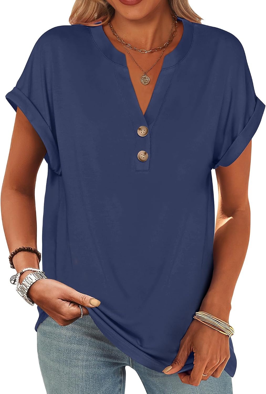 ANRABESS Womens Short Sleeve Henley Tops Summer Shirts Dressy Casual Blouse