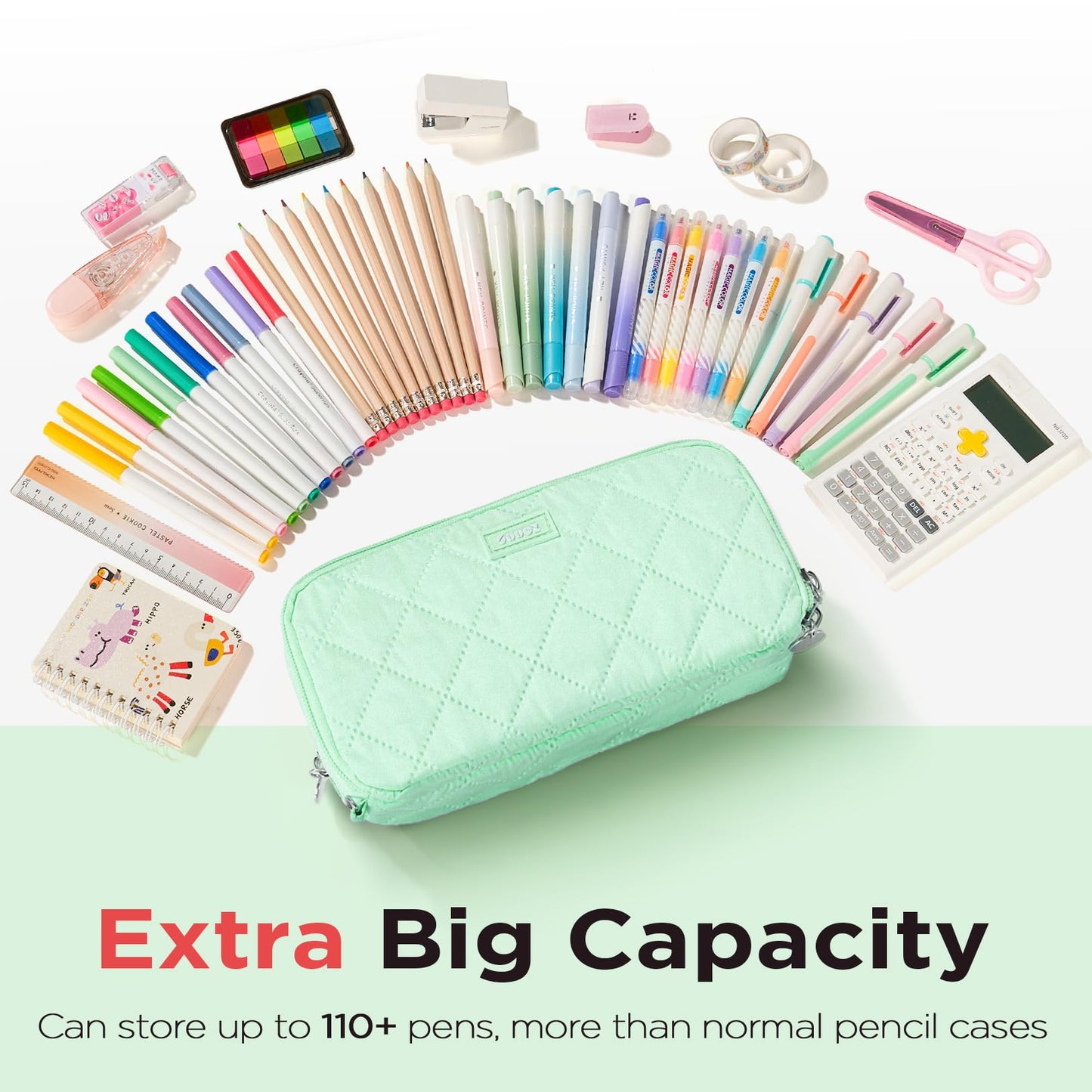 Sooez Large Pencil Case Pouch, Extra Big Pencil Bag with 8 Compartments, Pen Bag Wide Opening, Soft Quilted Pencil Pouch Organizer with Zipper, Portable Pencil Case for Teen Girls, Beige