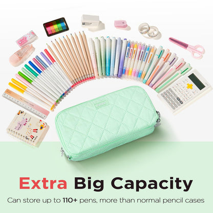 Sooez Large Pencil Case Pouch, Extra Big Pencil Bag with 8 Compartments, Pen Bag Wide Opening, Soft Quilted Pencil Pouch Organizer with Zipper, Portable Pencil Case for Teen Girls, Beige
