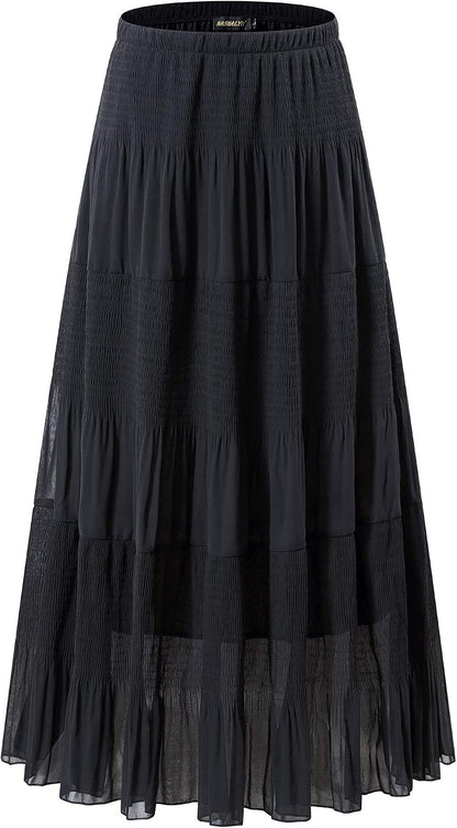 NASHALYLY Women's Chiffon Elastic High Waist Pleated A-Line Maxi Skirts