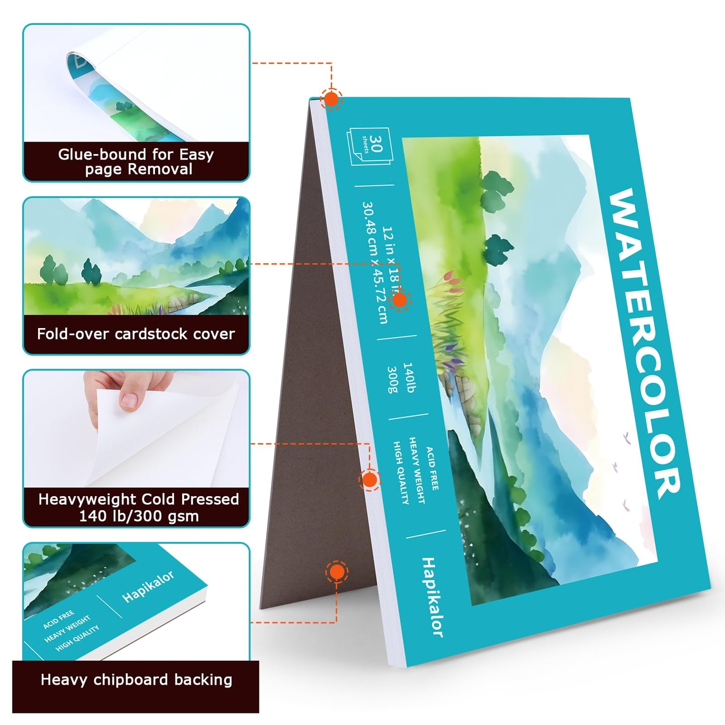 Hapikalor Watercolor Paper Pad, 9"x12" Water Color Paper, 140lb/300gsm Teal