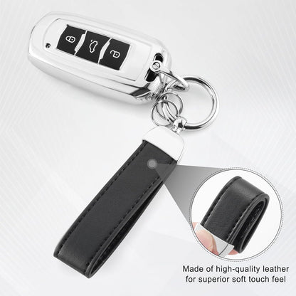 JUSTTOP Leather Keychain, Carbon Fiber Car Key Chain with Anti-Lost D-Ring and 2 Key Ring, Keychain Wristlet, Car Accessories, Universal Keychain for Men and Women (Black)