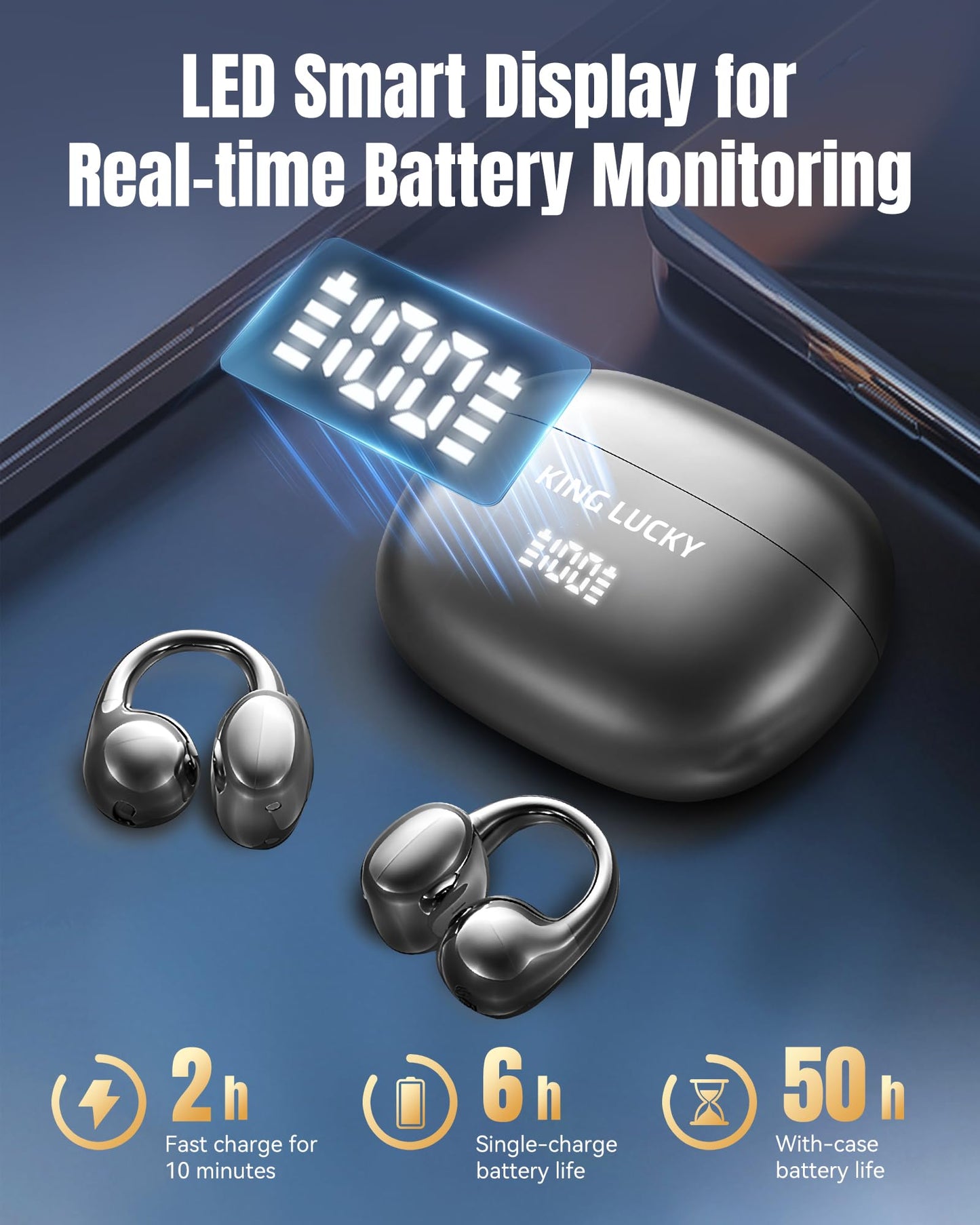 King Lucky Clip-On Earbuds Gen 3, Open-Ear Wireless Bluetooth 6.0 Headphones with Mic, Secure Fit for Small Ears & Glasses Wearers, 50H Playtime, ENC, IPX5 Waterproof Sport Ear Buds (Purple)