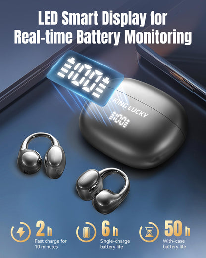 King Lucky Clip-On Earbuds Gen 3, Open-Ear Wireless Bluetooth 6.0 Headphones with Mic, Secure Fit for Small Ears & Glasses Wearers, 50H Playtime, ENC, IPX5 Waterproof Sport Ear Buds (Purple)