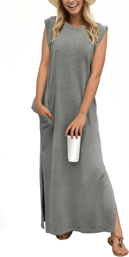 GRECERELLE 2026 Women Year-Round Casual Round Neck Loose Split Wrinkle-Free Long Maxi Vacation Dress with Pockets (XXS-4XL)