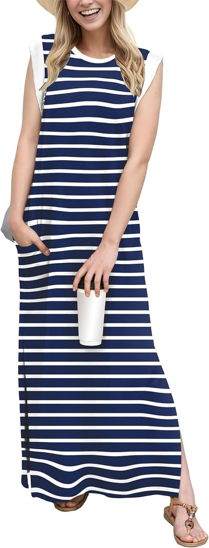 GRECERELLE 2026 Women Year-Round Casual Round Neck Loose Split Wrinkle-Free Long Maxi Vacation Dress with Pockets (XXS-4XL)