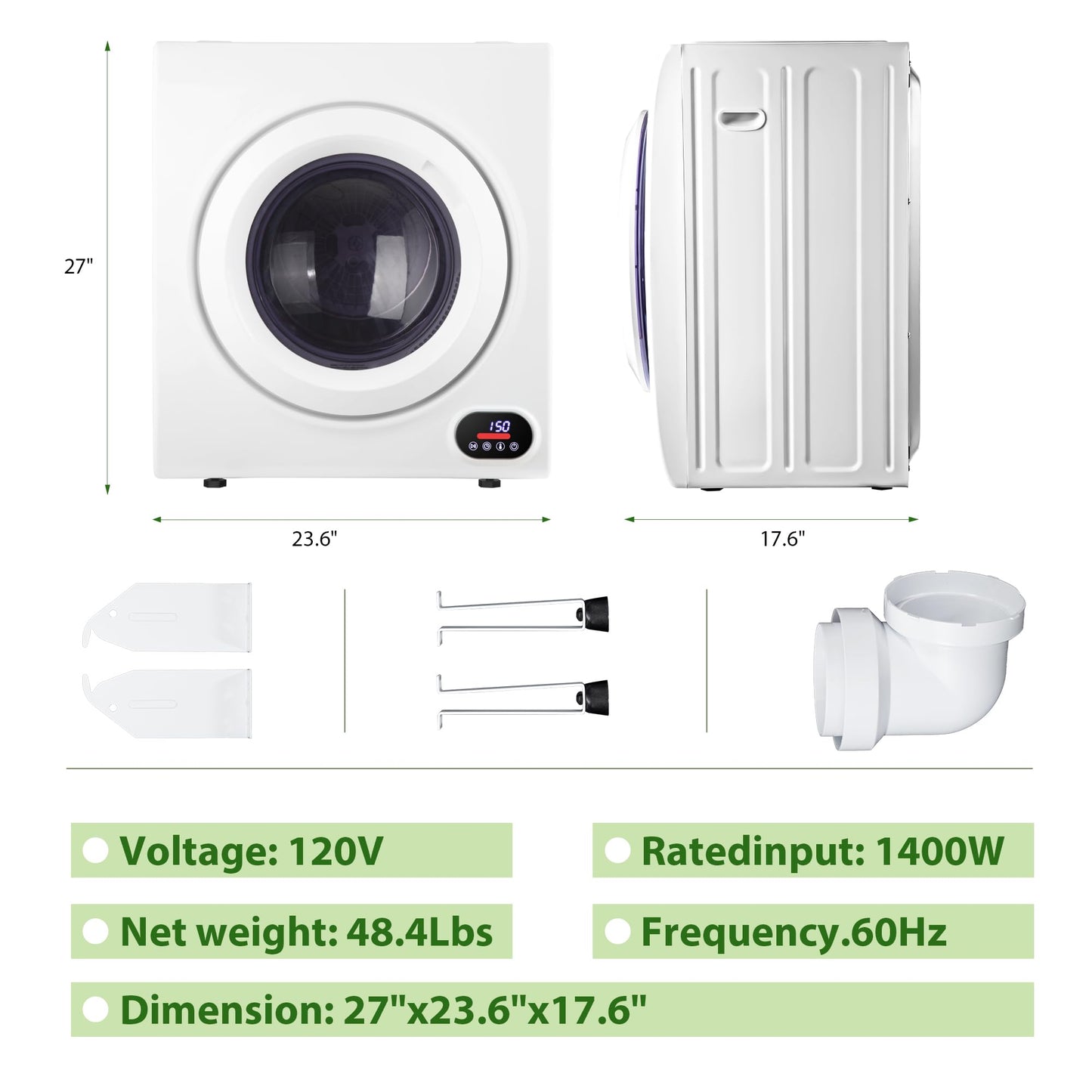 Euhomy Portable Clothes Dryer for Laundry, 1.5 Cu. Ft. Small Portable Dryers for Clothes, 120V Electric Dryer with Stainless Steel Drum, 850W Dryer Machine for Apartments, White