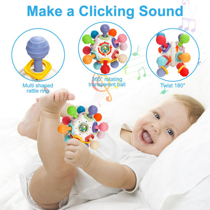 Baby Montessori Sensory Teething Toy 0-6 6-12 Months, Teether Ball & Rattle