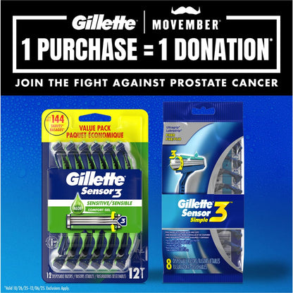 Gillette Sensor3 Sensitive Men's Disposable Razor, 1 Razor - Case of 36