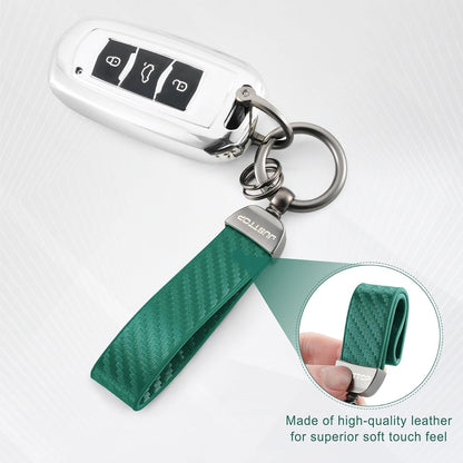 JUSTTOP Leather Keychain, Carbon Fiber Car Key Chain with Anti-Lost D-Ring and 2 Key Ring, Keychain Wristlet, Car Accessories, Universal Keychain for Men and Women (Black)