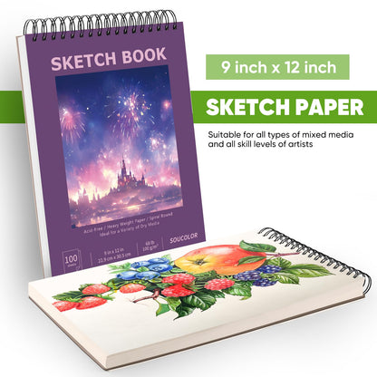 Soucolor Sketch Book 9" x 12", 100 Sheets Kids Art Sketchbook Drawing Pad