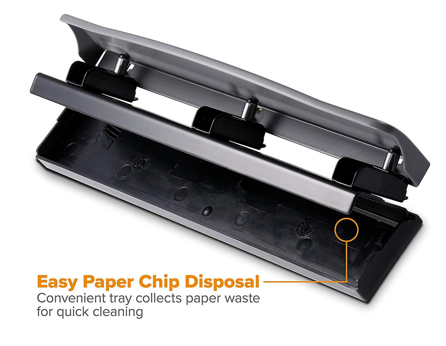 Bostitch Office Premium 3 Hole Punch, 12 Sheet Capacity, Metal, Rubber Base, Easy-Clean Tray, Silver
